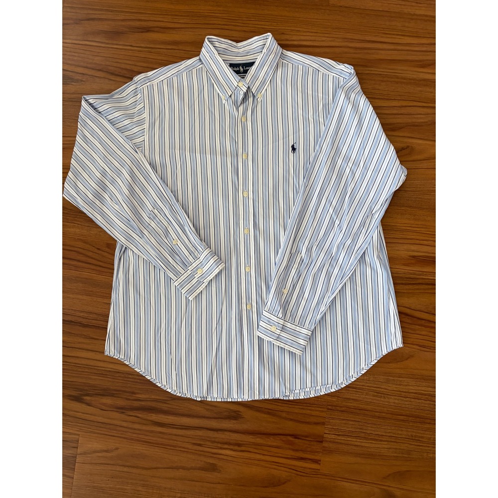 Men's Ralph Lauren classic fit long sleeve button down white blue stripe
